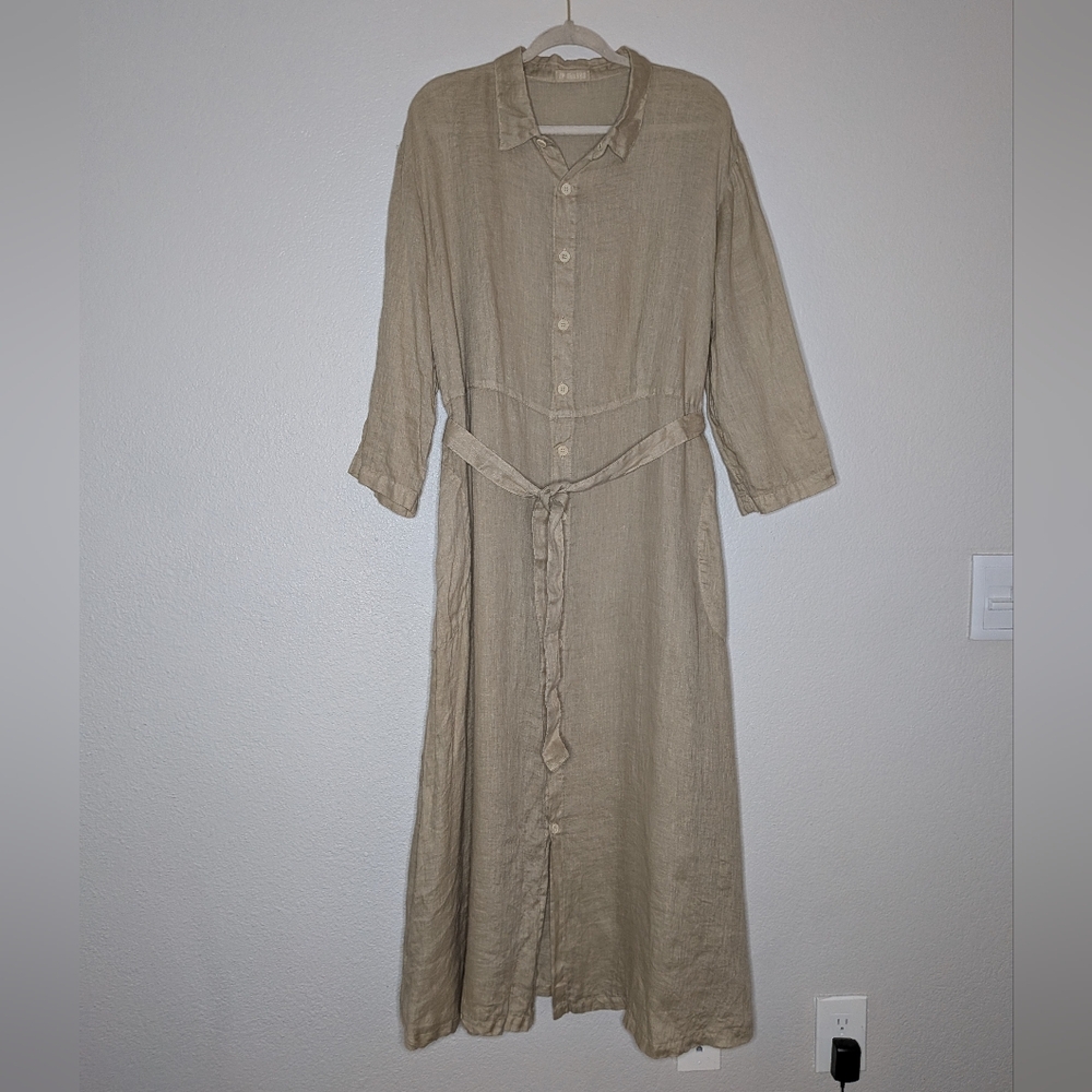 CP Shades Womens Lagenlook Tie Belted Tan Linen Button-Up Maxi Shirt Dress XL - Picture 2 of 9